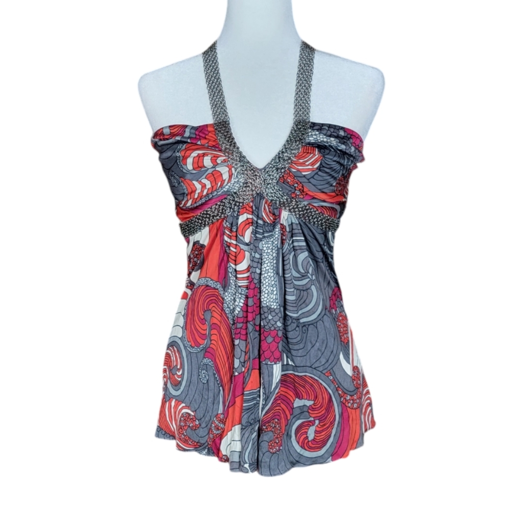 Sky Brand Large Abstract babydoll Silk Chained Haltet Going Out Top Red